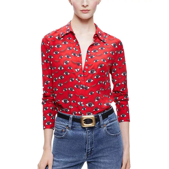 Tops - New, Alice + Olivia Silk Printed Shirt in Red Size L #T3615